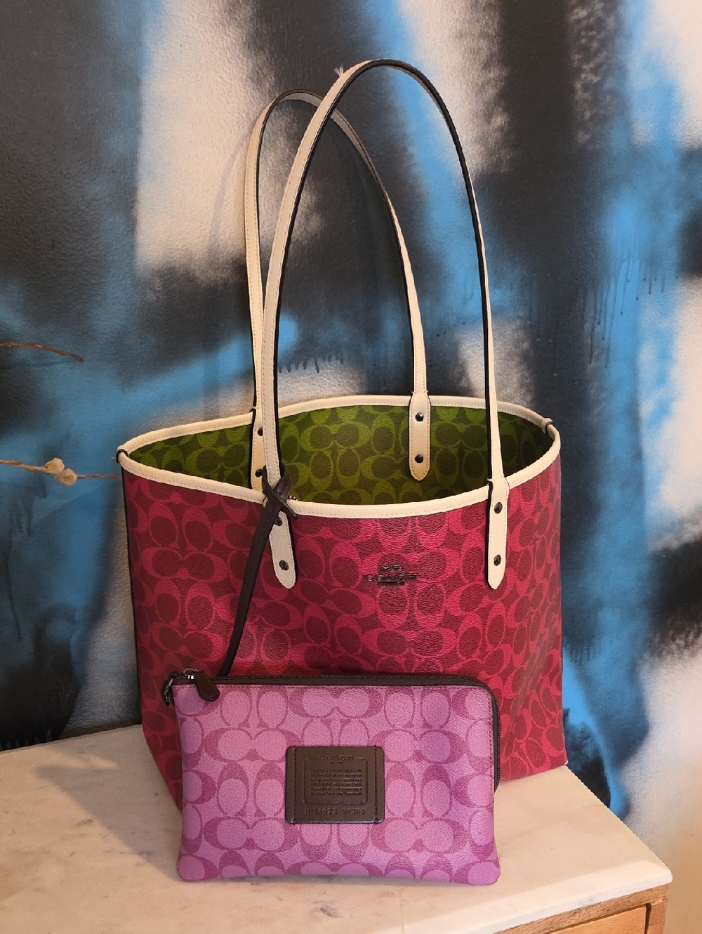 RARE Coach Pink/Green Signature Reversable Tote! and Pink Pouch